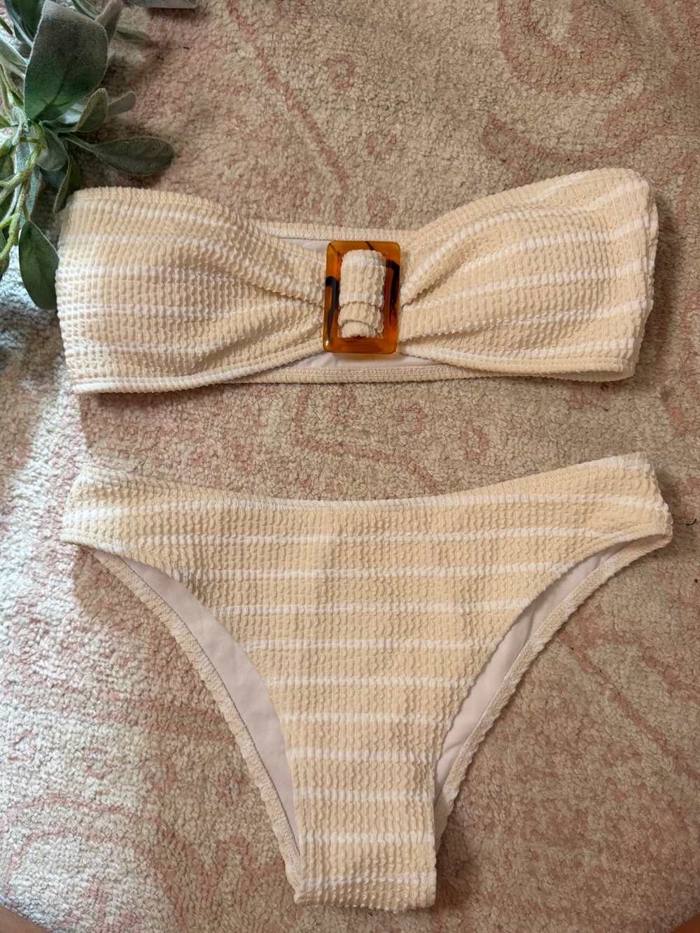 Cream Textured Bandeau Bikini Set with Tortoiseshell Buckle